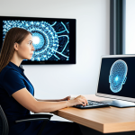 A professional female creative in her 30s, dressed in modest, professional business casual attire, seated at a sleek, modern desk in a well-lit, minimalist office. She is looking intently at a large monitor displaying intricate, abstract AI-generated art designs. Her expression is thoughtful and focused, one well-formed hand holding a stylus near a tablet. The background features blurred, modern office elements, suggesting a creative workspace. This image embodies professionalism and innovation. Fully clothed, appropriate attire, professional dress, safe for work, appropriate content, family-friendly, perfect anatomy, correct proportions, natural pose, well-formed hands, proper finger count, natural body proportions, high-resolution, professional photography, soft studio lighting, ultra-detailed, sharp focus.