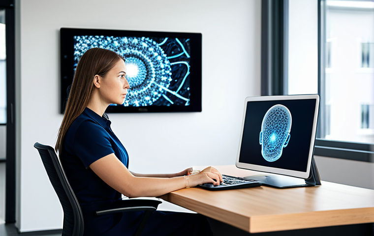 A professional female creative in her 30s, dressed in modest, professional business casual attire, seated at a sleek, modern desk in a well-lit, minimalist office. She is looking intently at a large monitor displaying intricate, abstract AI-generated art designs. Her expression is thoughtful and focused, one well-formed hand holding a stylus near a tablet. The background features blurred, modern office elements, suggesting a creative workspace. This image embodies professionalism and innovation. Fully clothed, appropriate attire, professional dress, safe for work, appropriate content, family-friendly, perfect anatomy, correct proportions, natural pose, well-formed hands, proper finger count, natural body proportions, high-resolution, professional photography, soft studio lighting, ultra-detailed, sharp focus.